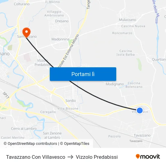 Tavazzano Con Villavesco to Vizzolo Predabissi map