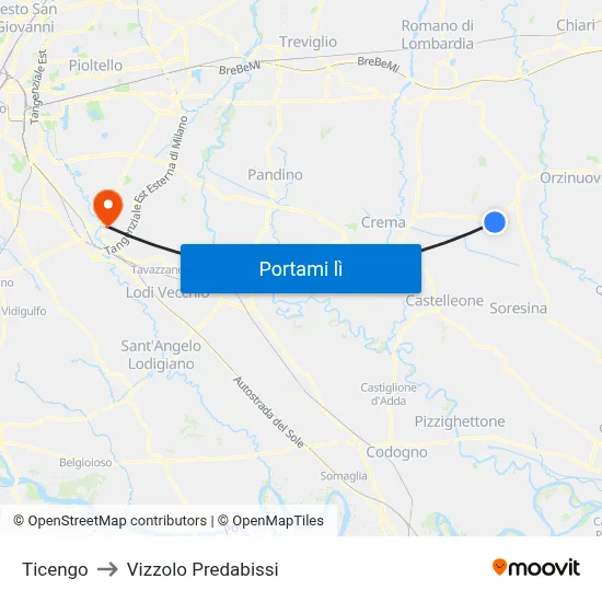 Ticengo to Vizzolo Predabissi map