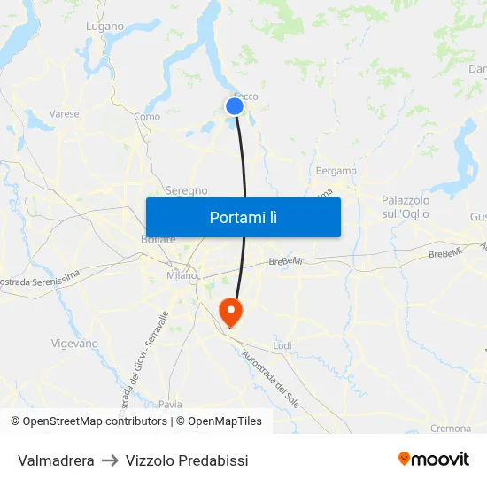 Valmadrera to Vizzolo Predabissi map