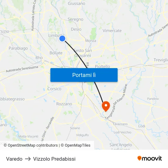 Varedo to Vizzolo Predabissi map