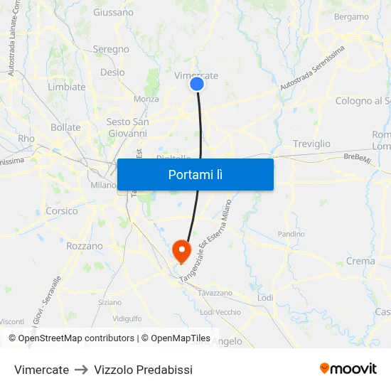 Vimercate to Vizzolo Predabissi map