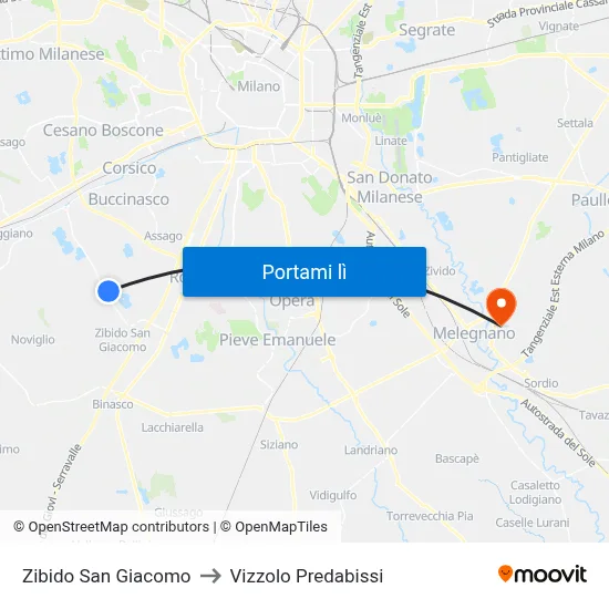 Zibido San Giacomo to Vizzolo Predabissi map