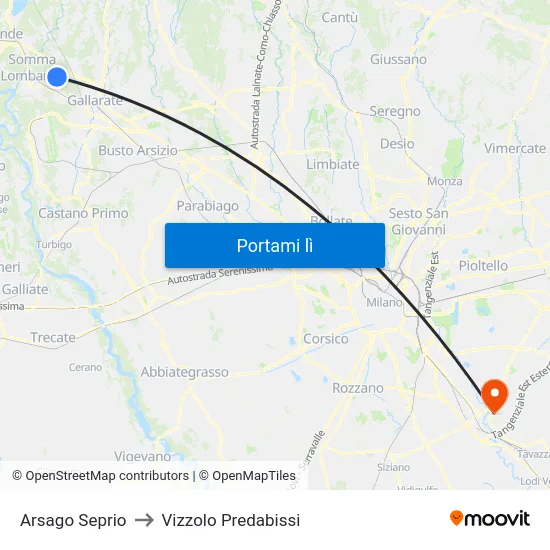 Arsago Seprio to Vizzolo Predabissi map
