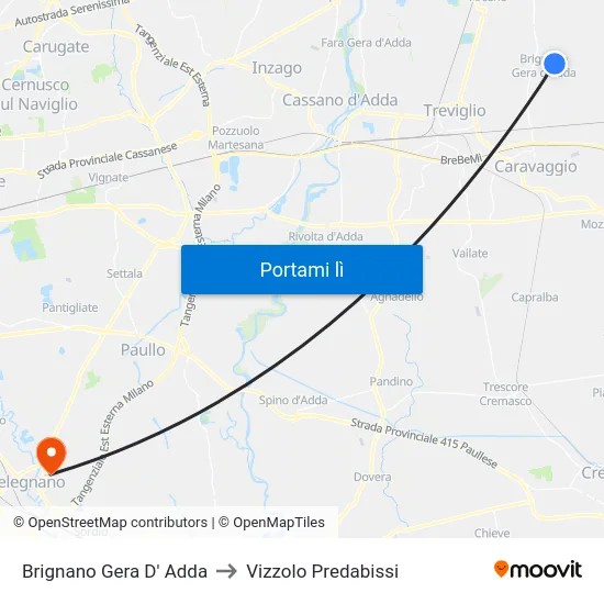 Brignano Gera D' Adda to Vizzolo Predabissi map