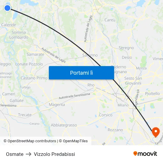 Osmate to Vizzolo Predabissi map