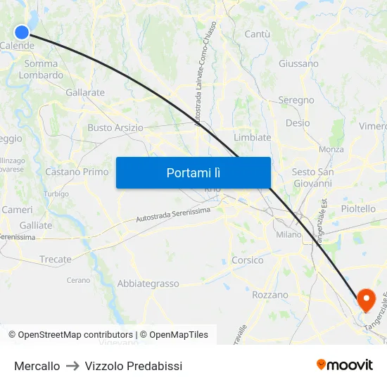 Mercallo to Vizzolo Predabissi map