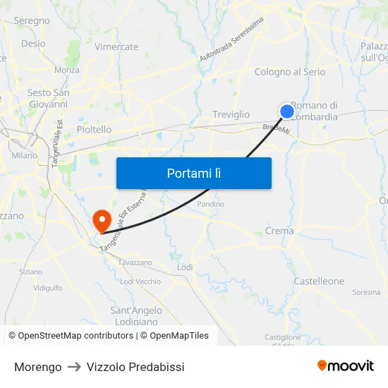 Morengo to Vizzolo Predabissi map
