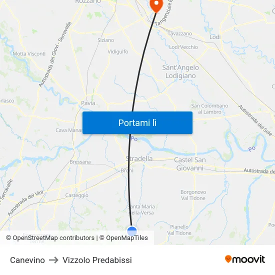 Canevino to Vizzolo Predabissi map