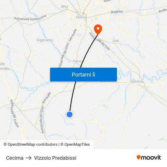Cecima to Vizzolo Predabissi map