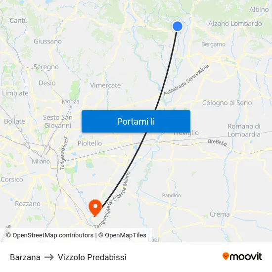 Barzana to Vizzolo Predabissi map