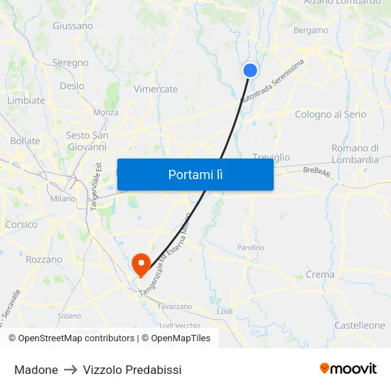 Madone to Vizzolo Predabissi map