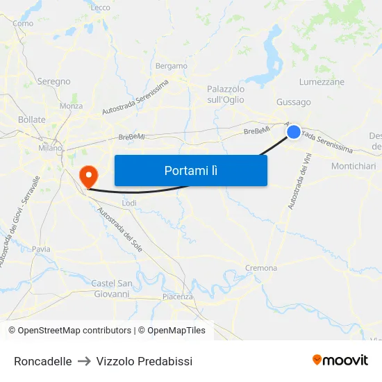 Roncadelle to Vizzolo Predabissi map