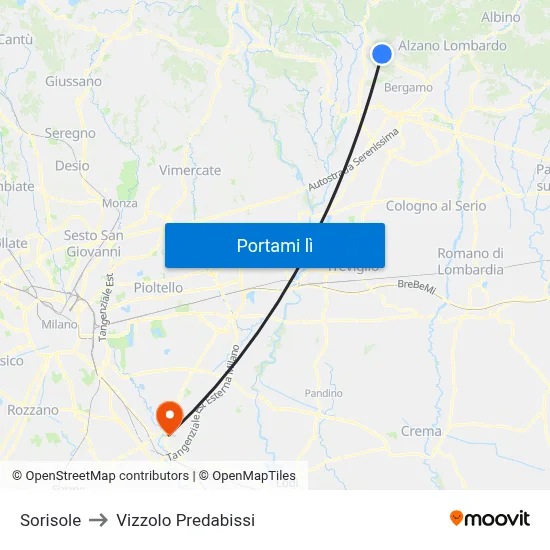 Sorisole to Vizzolo Predabissi map