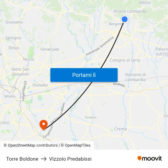 Torre Boldone to Vizzolo Predabissi map