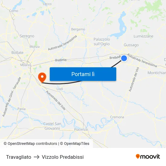 Travagliato to Vizzolo Predabissi map