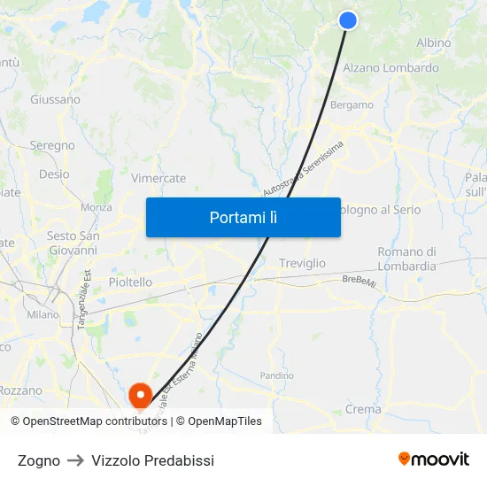 Zogno to Vizzolo Predabissi map