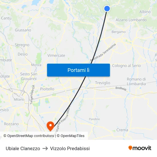 Ubiale Clanezzo to Vizzolo Predabissi map