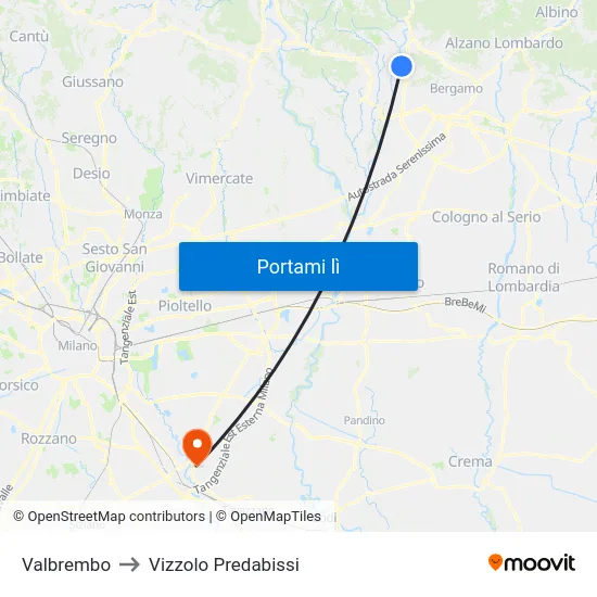 Valbrembo to Vizzolo Predabissi map