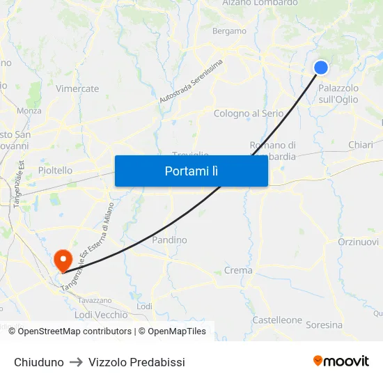 Chiuduno to Vizzolo Predabissi map