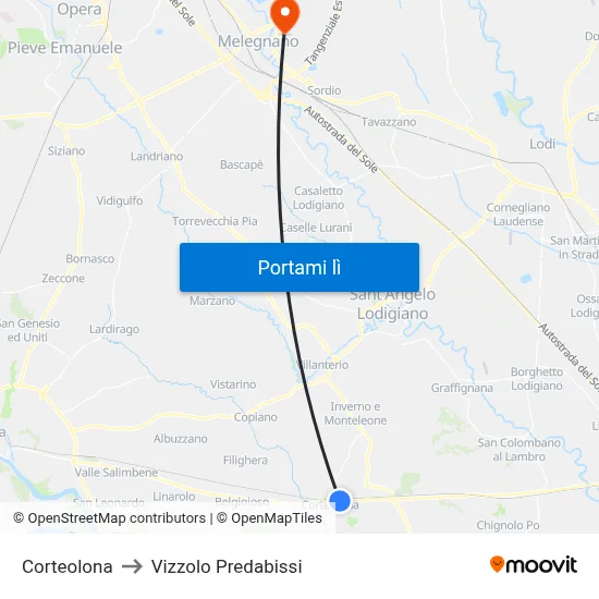 Corteolona to Vizzolo Predabissi map