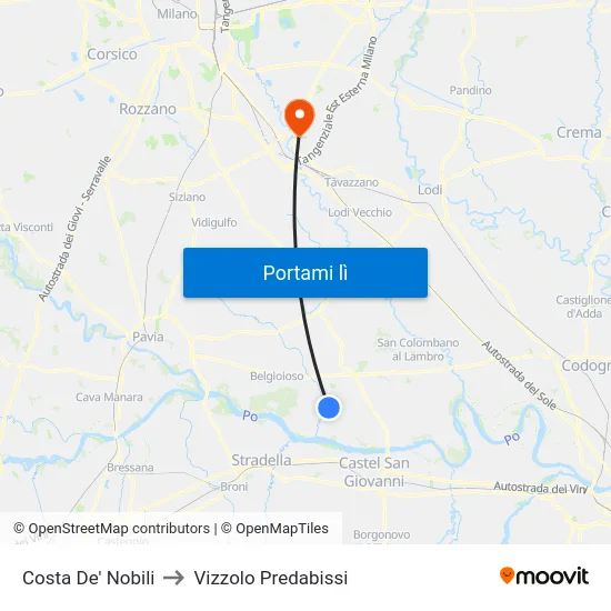 Costa De' Nobili to Vizzolo Predabissi map