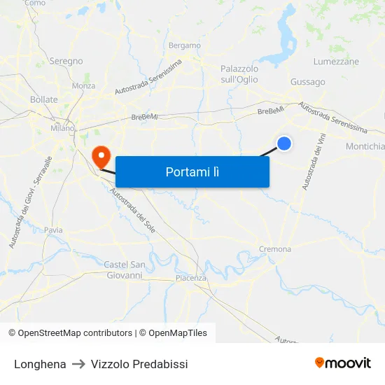 Longhena to Vizzolo Predabissi map