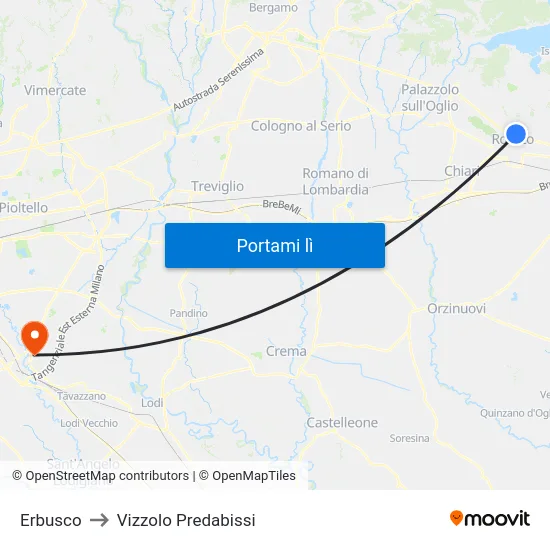 Erbusco to Vizzolo Predabissi map