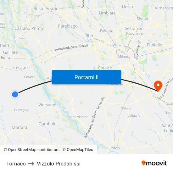 Tornaco to Vizzolo Predabissi map