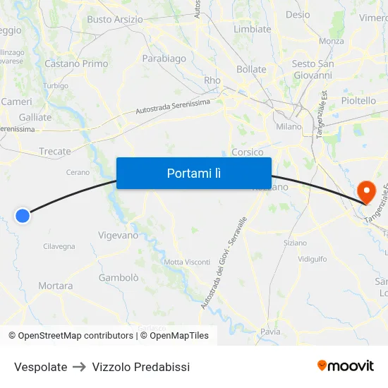 Vespolate to Vizzolo Predabissi map