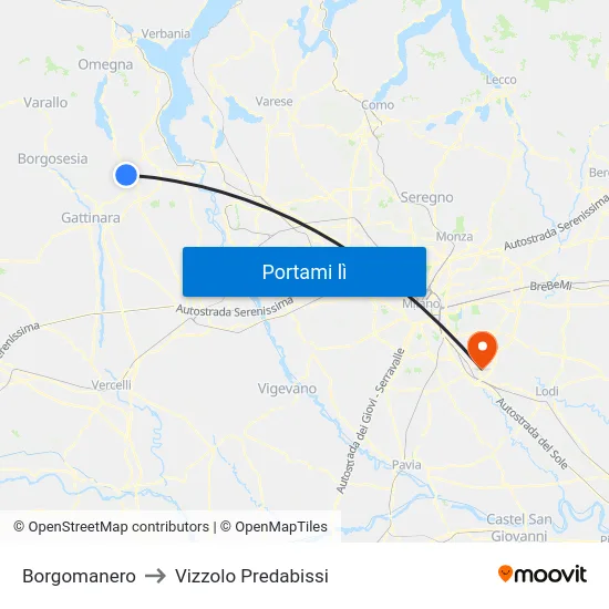 Borgomanero to Vizzolo Predabissi map