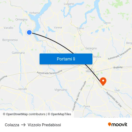 Colazza to Vizzolo Predabissi map