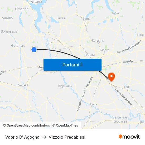 Vaprio D' Agogna to Vizzolo Predabissi map