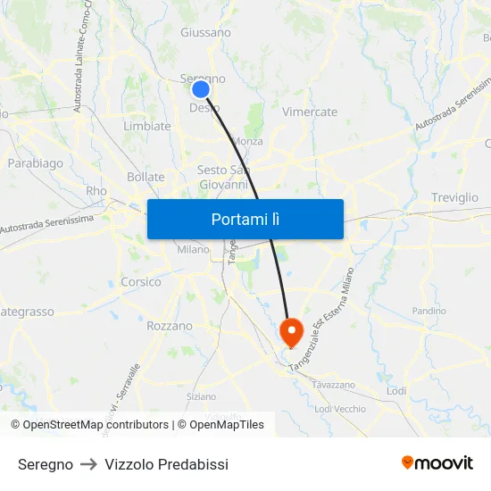 Seregno to Vizzolo Predabissi map