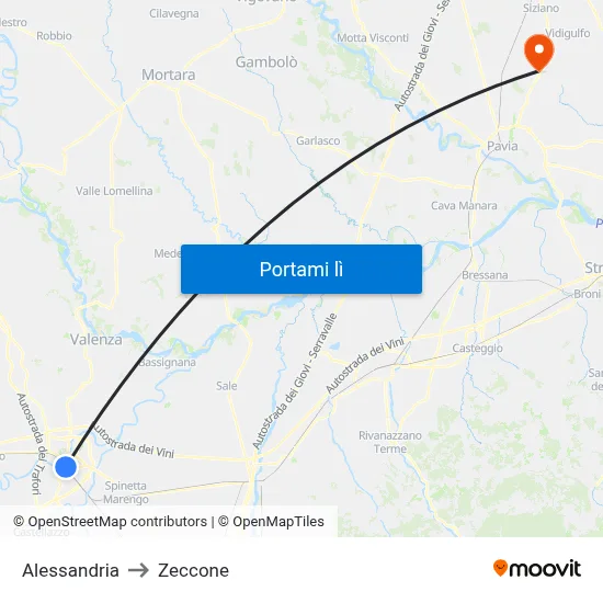 Alessandria to Zeccone map