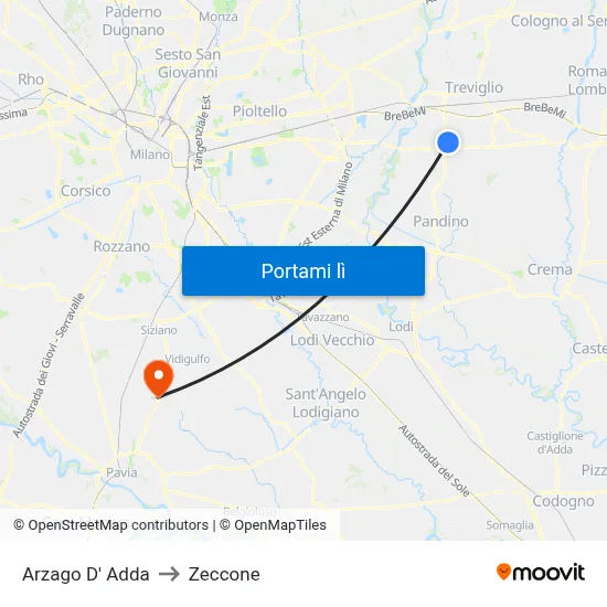 Arzago D' Adda to Zeccone map