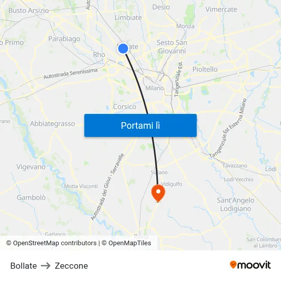 Bollate to Zeccone map