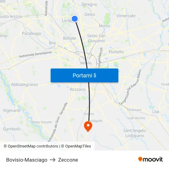 Bovisio-Masciago to Zeccone map