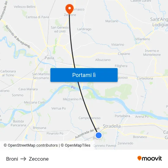 Broni to Zeccone map