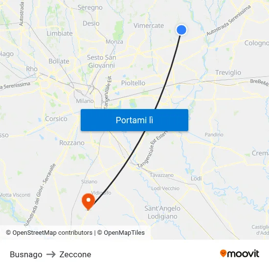 Busnago to Zeccone map