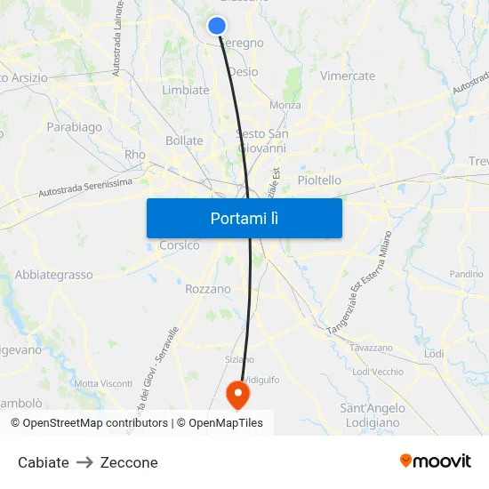 Cabiate to Zeccone map