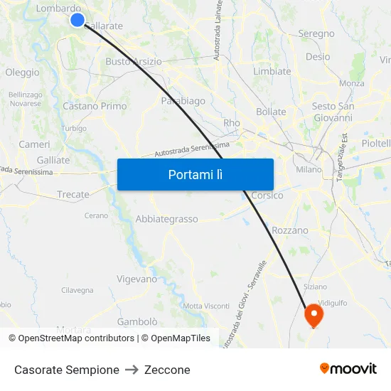 Casorate Sempione to Zeccone map