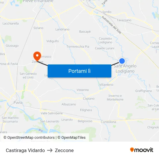 Castiraga Vidardo to Zeccone map
