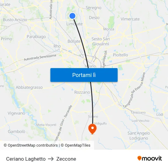 Ceriano Laghetto to Zeccone map