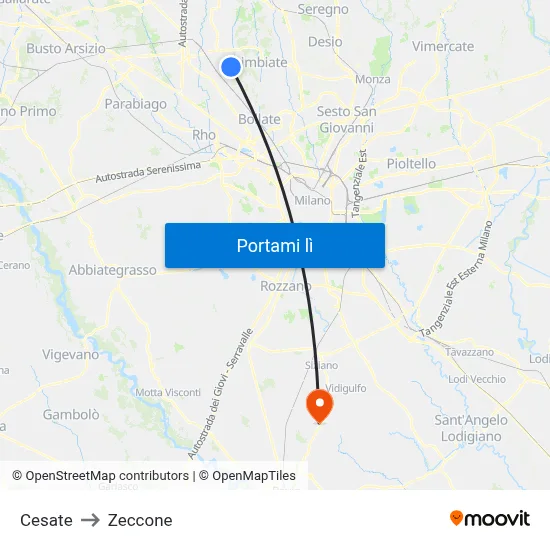 Cesate to Zeccone map