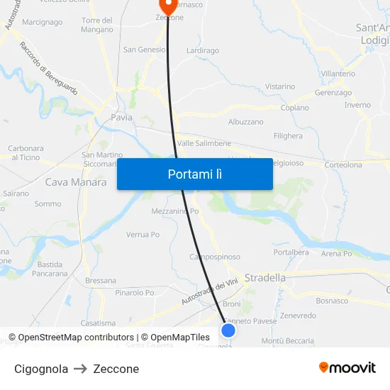 Cigognola to Zeccone map