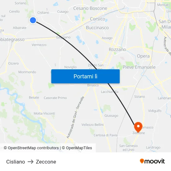 Cisliano to Zeccone map