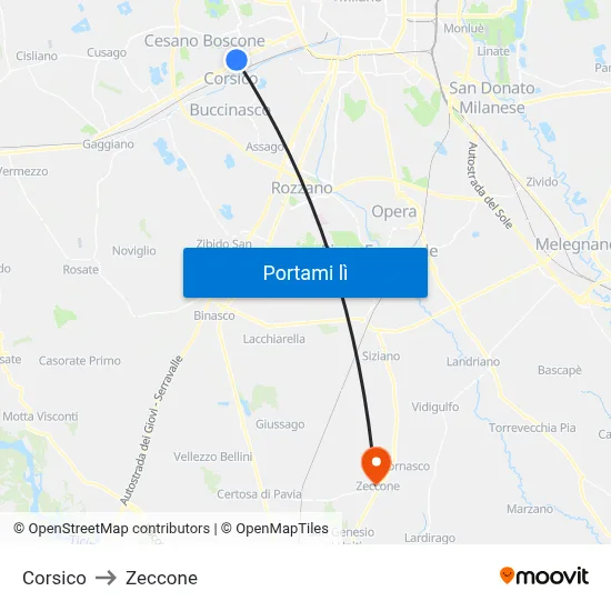 Corsico to Zeccone map