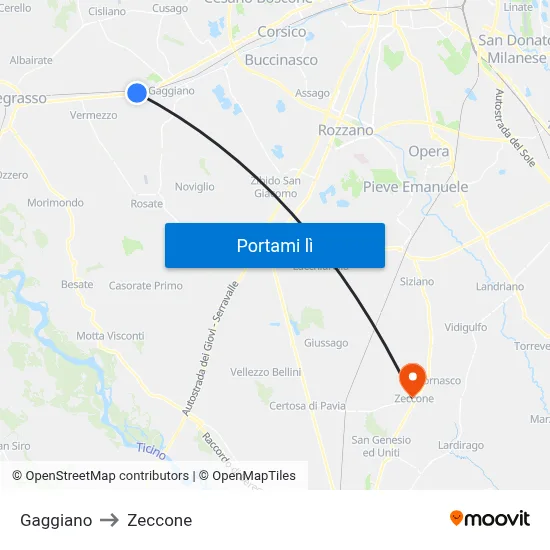 Gaggiano to Zeccone map