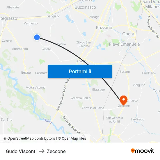 Gudo Visconti to Zeccone map