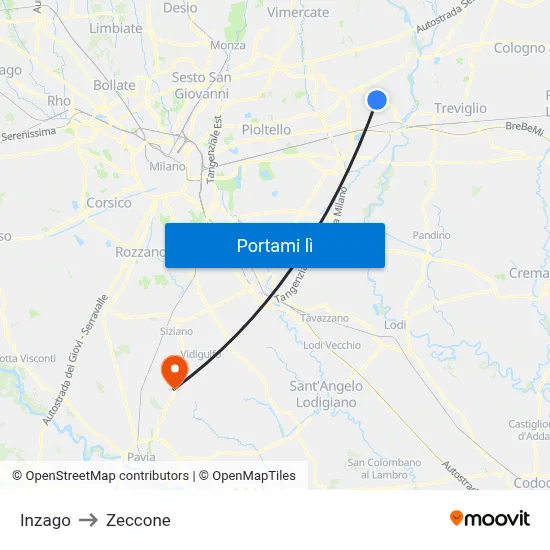 Inzago to Zeccone map